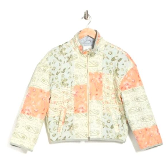 7 for All Mankind Quilted Paisley Pastel Patchwork Zip Up Puffer Jacket Coat L - Picture 3 of 13